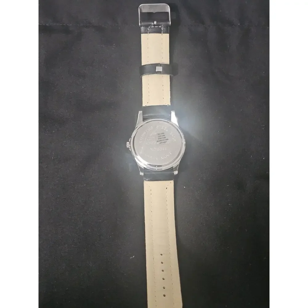 44.5mm silver crystal bezel Fashion Analog Quartz watch w/faux Leather Band
